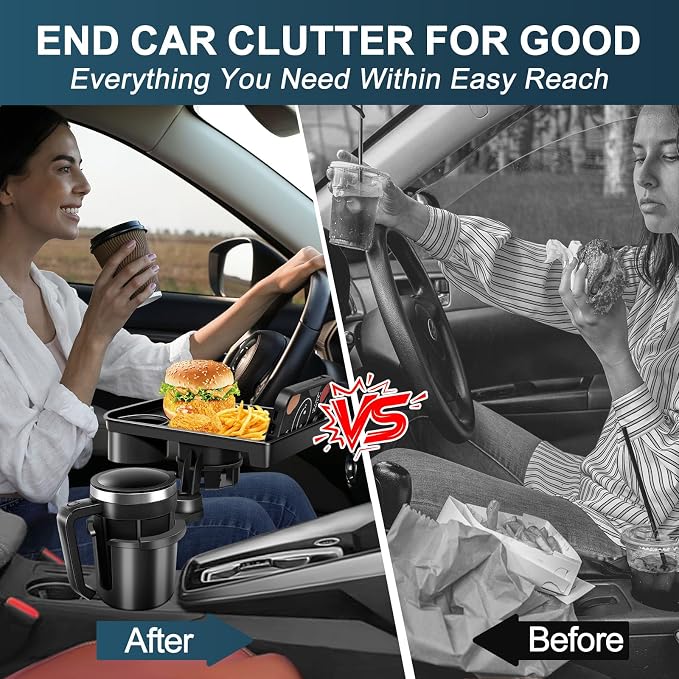 JPart Car Cup Holder Tray, Cup Holder Expander, 2 in 1 Detachable Car Food Tray with 360°Rotation Tray for Eating, Storage and Travel Road Essentials, Black - Image 4