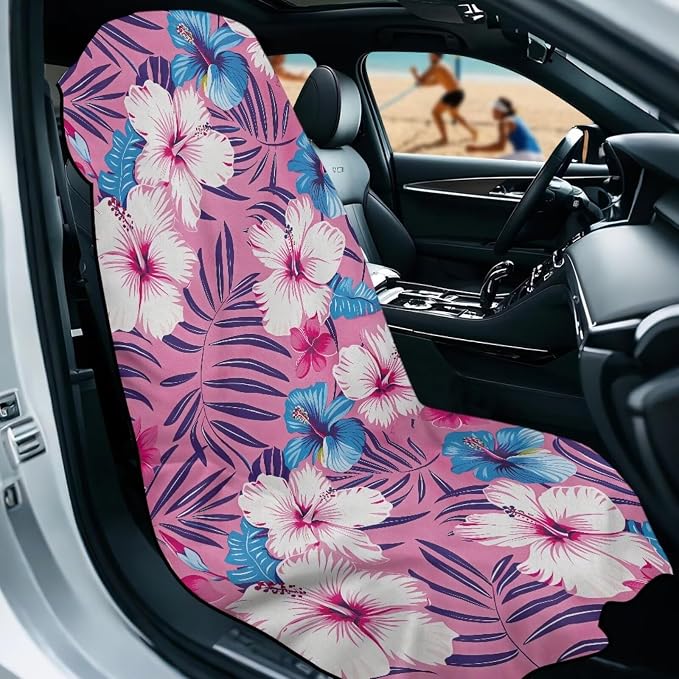 Tropical Hibiscus Car Seat Towel with Storage Bag Hibiscus Flowers Car Seat Cover for Front Seat Only Blanket Universal Non Slip Waterproof Sweat Protector Pink Car Interior Accessories - Image 2