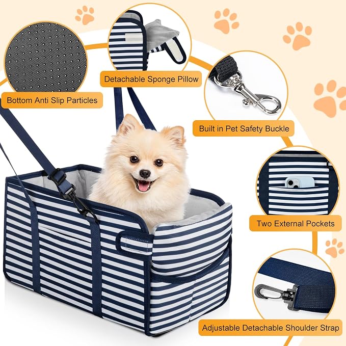 Portable Dog Car Seat for Small Dogs, Puppy Car Seat, Blue Stripes | Booster Seat With Safety Leash & Adjustable Straps Keeps Small Dogs Secure. Removable Washable Cushion. Fits Most Cars. - Image 3