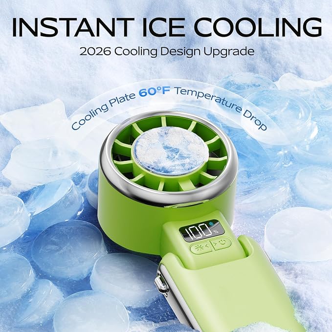 SHEWIND Portable Handheld Fan with Ice Cooling - 5 Gear High Speed Turbo Personal Fan Rechargeable, Up to 11 Hrs, Mini Hand Fans for Travel Essentials, Beach Vacation, Gifts for Women, Men (Green) - Image 4