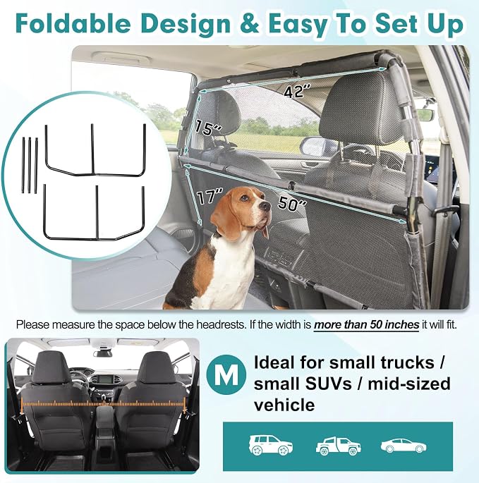 Dog Car Barrier Escape-Proof, 50" Wide Car Divider for 2nd 3rd Row Seats & Cargo Area, Durable Back Seat Car Gate Trunk Barrier with See Through Net Mesh for Small Trucks & SUV & Mid-Sized Vehicle - Image 7