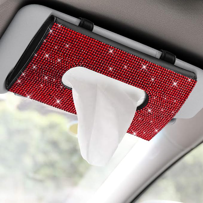 Bling Car Sun Visor Tissue Box Holder, Visor Accessories, Rhinestone PU Leather Crystal Sparkling Napkin Holder, Auto Sun Visor Paper Towel Cover Case Accessories for Most Cars (Red) by Unknown