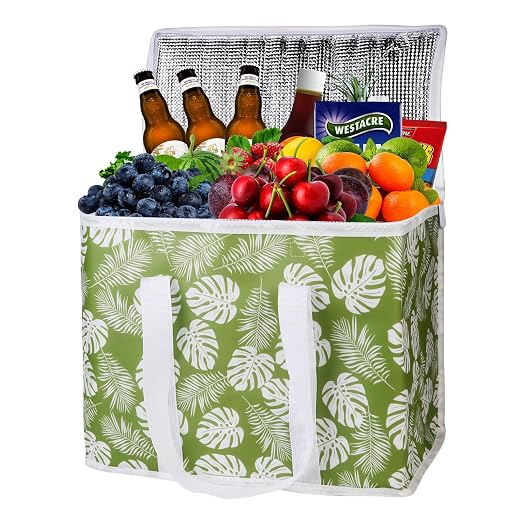 musbus 2-Pack extra Insulated Grocery shopping bag, large Green leaf, kitchen foldable reusable bags groceries,Sturdy zipper,Collapsible,tote,cooler,for transport women,Durable carrier by Musbus