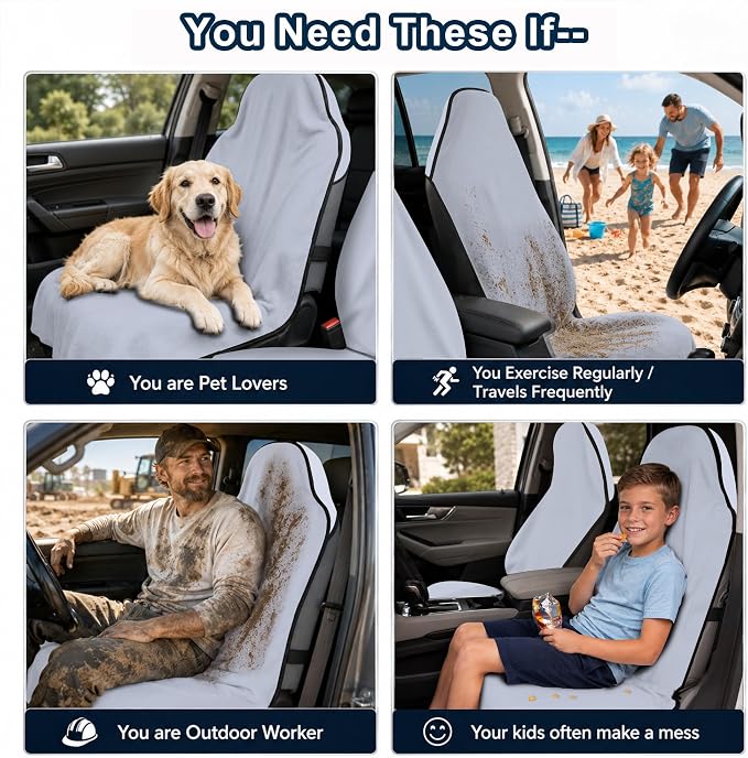 Car Seat Towel Cover 2 Pack for Front Seats, Sweat Absorbent Car Seat Protector with Non-Slip Backing, Waterproof Towel Car Seat Covers for Runners, Gym, Swimming, Beach, Pets, Lavender Gray - Image 9