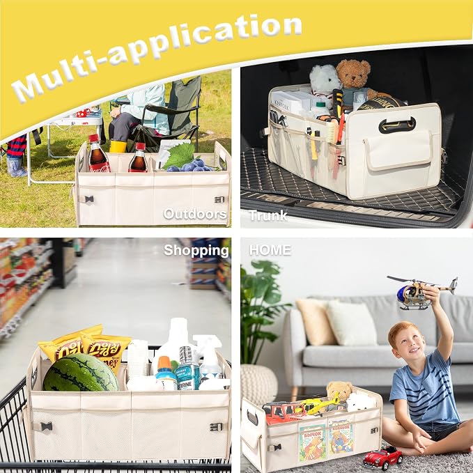 Car Trunk Organizer, Collapsible Car Organizers and Storage Large Beige | Sturdy, Strong Capacity, Clean Decor, Multi Compartment Container Box, Adjustable Car Accessories for SUV Sedan Truck - Image 4