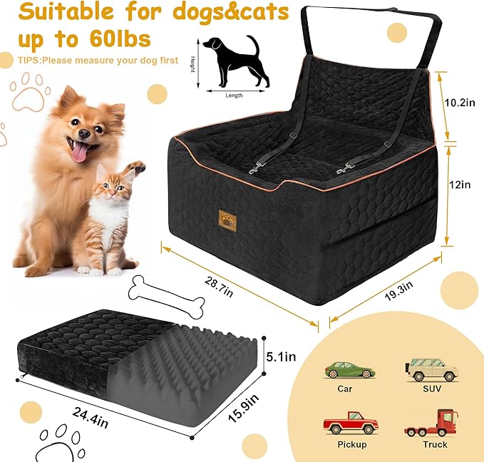 Dog Car Seat for Medium/Large Dogs, Washable Dog Booster Seat Under 60 lbs or 2 Small Dogs, Multi-Functional Pet Car Seat with Thick Cushion, 2 Safety Leashes (Black) - Image 2