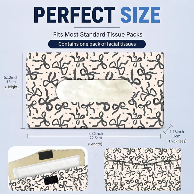 Car Tissue Holder, Cute Sun Visor Napkin Holder Backseat Tissue Case, PU Leather Tissue Box, Funny Car Accessories for Women Men Black White Bowties - Image 4