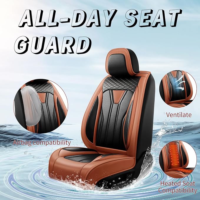 Fit Highlander Premium Leather Car Seat Covers for Toyota Highlander 2007-2025 2026 - Waterproof，Breathable，All-Weather Seat Cushion Protecto & Airbag Compatible, 2 Front Seat Brown&Black - Image 2