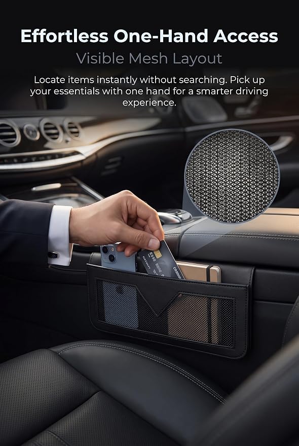 Car Storage Pocket, PU Leather Car Door Organizer for Console Seat Gap, Self Adhesive Small Car Pouch Organizer for Phone Keys Wallet Cards, Universal Vehicle Side Storage Bag (Black) - Image 3