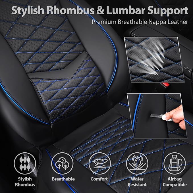 CAR PASS Luxury Nappa Leather Seat Covers Full Set, Water Resistant Faux Leather Seat Cover with Lumbar Support, Breathable Automotive Seat Covers Universal Fit for Sedan SUV Van Truck, Black Blue - Image 5