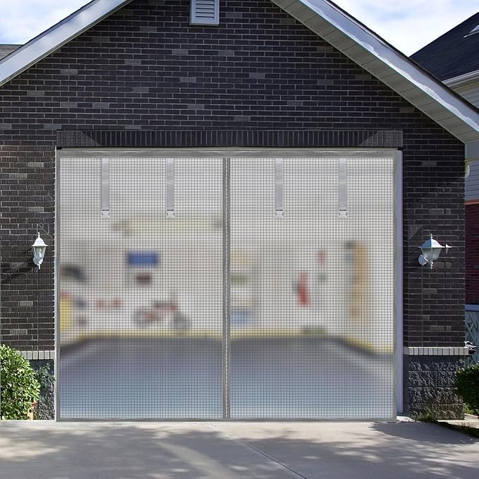 Garage Door Screen, Sunmoxia 9x7Ft Magnetic Heavy Duty Garage Door Curtain with 4 Strapping Tapes - Durable Breathable Anti-Tear Mesh Patio Porch Privacy Curtain (Silver) by Sunmoxia