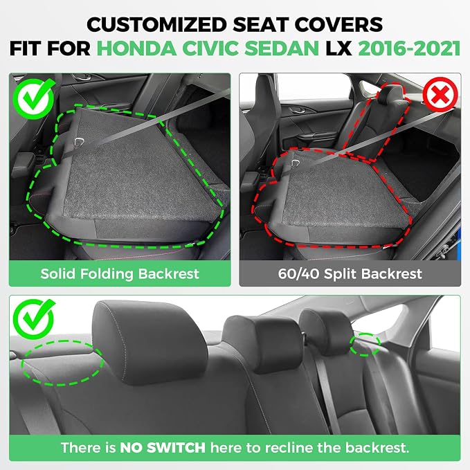 RIDEPOSH Custom Fit Seat Covers for Honda Civic 2016-2021 | Sedan LX, Faux Leather, Solid Bench Rear, No Rear Armrest, Waterproof, Full Coverage, Airbag Compatible, Easy-to-clean - Image 2
