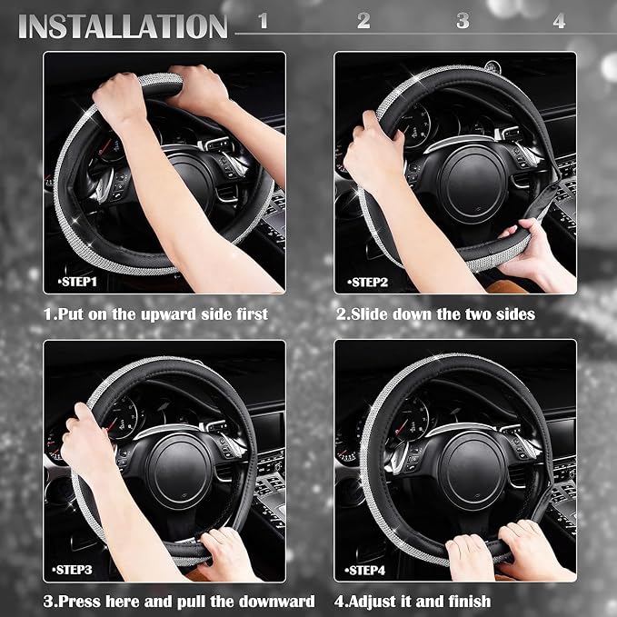 CAR PASS Bling Diamond Leather Steering Wheel Cover, with Bling Sparkly Crystal Glitter Rhinestones Universal Fit 14.5in-15in Car Wheel Protector for Women Girl Fit Suvs,Vans,Sedans,Car,Trucks, Silver - Image 5