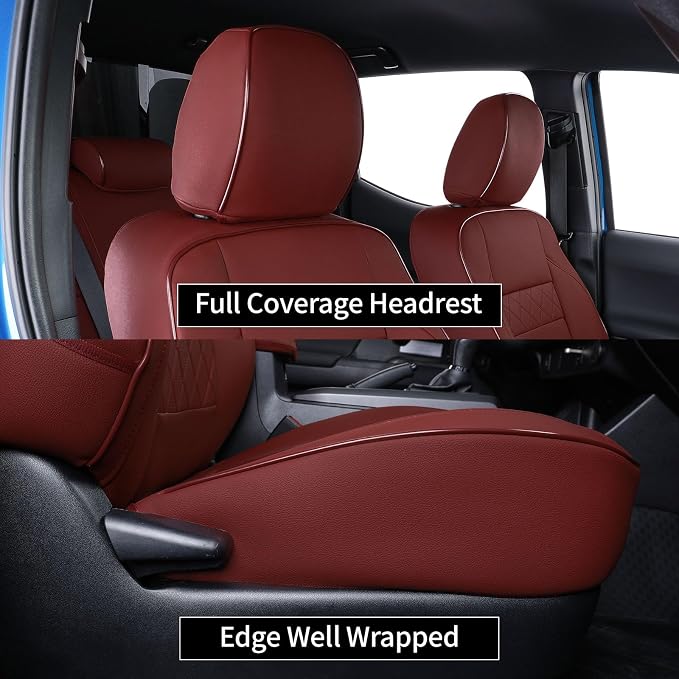 EKR Custom Fit Tacoma Leather Car Seat Covers for Toyota Tacoma 2012 2013 2014 2015 (TRD Sport Seats)- Full Set,Faux Leather(Burgundy) - Image 2