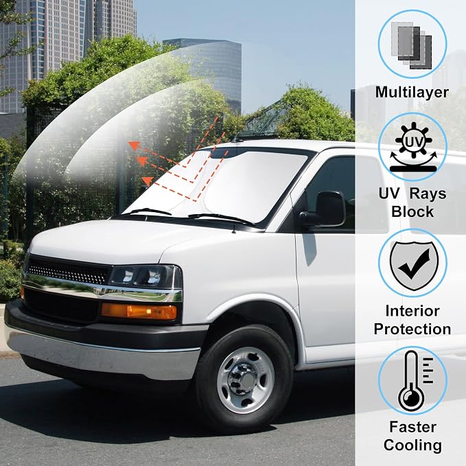 Windshield Sun Shade for 1996-2026 Chevrolet Express 1500/3500/4500 | Full covered, Foldable & Durable, Block UV Rays, Reduce Heat, Easy to install, Keep Car Cooler - Image 2