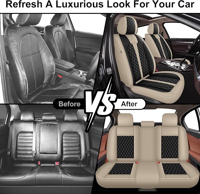 IKABEVEM Car Seat Covers Fit for Nissan Juke 2011-2017 | Waterproof Leather, Airbag Compatible, Easy Install & Wipe Car Seat Protector,2 Front Seats Covers Fit for Juke, Beige&Black - Image 5