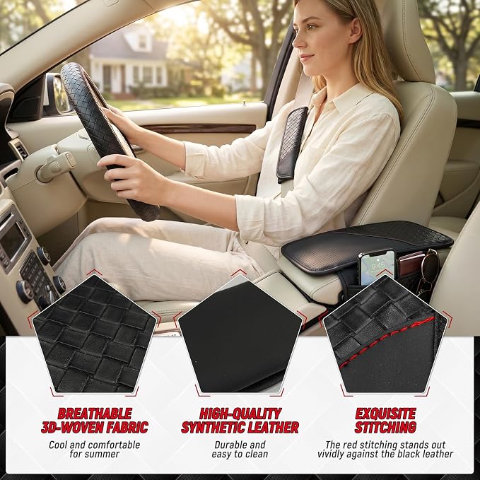 4 Pcs Black Leather Steering Wheel Cover Set - Center Console Armrest Pad, Seat Belt Shoulder Pads, Car Interior Accessories | Universal Fit 15 inch , Leather , Square Weave,with Side Storage Pockets - Image 7