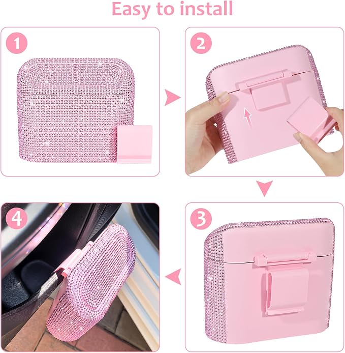 Accmor Bling Car Trash Can with Lid, Leak-Proof Mini Vehicle Trash Bin Automotive Dustbin Organizer Storage, Sparkling Crystal Trash Bag Container with 30pcs Garbage Bags for Car, Home, Office (Pink) - Image 4