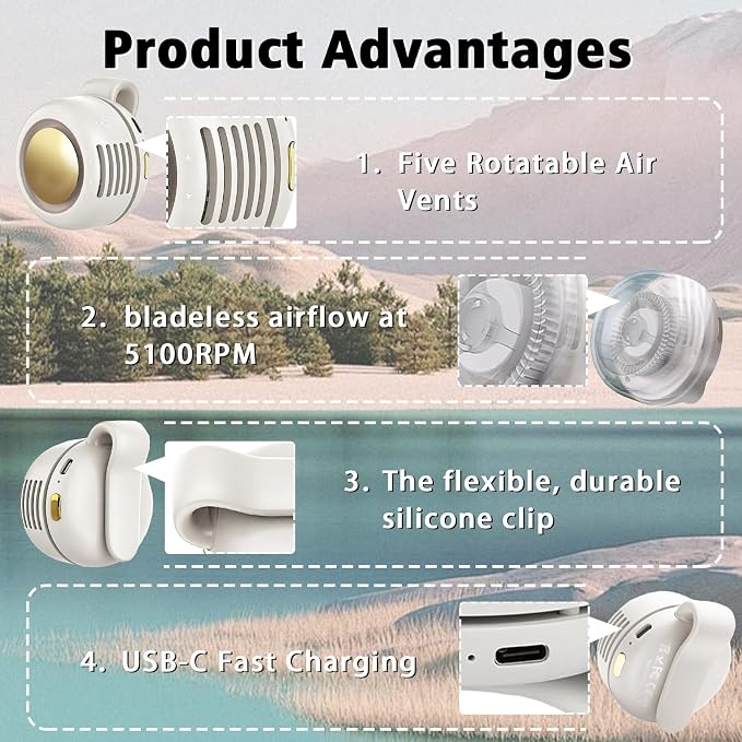 Portable Clip-On Fan, Mini USB Rechargeable 360° Rotatable Fan, Personal Fan 3-Speed Silent Mini Bladeless Fans (White) - Image 4