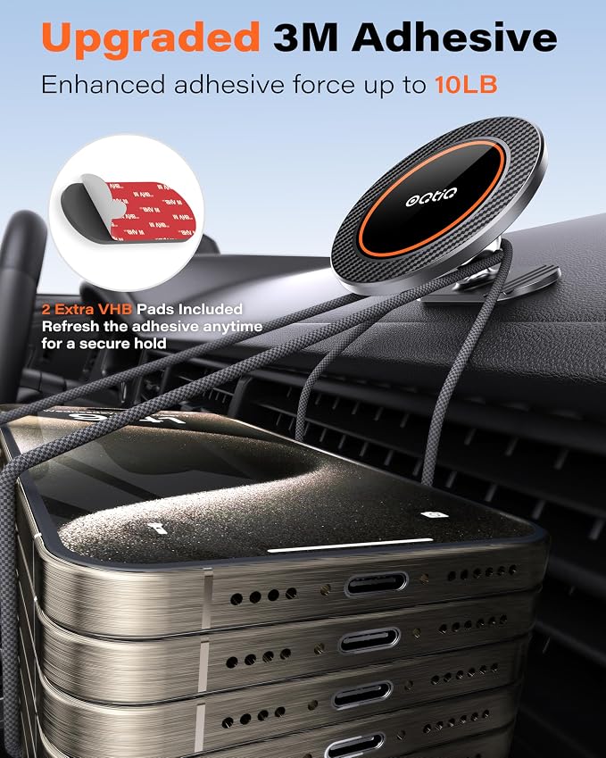 Magnetic Car Phone Mount Holder with 3M Adhesive,2 Pack | 360-Degree Adjustable,Black Carbon Fiber, Aluminum, MagSafe Compatible for iPhone 17/16/15/14/13/12 - Image 3