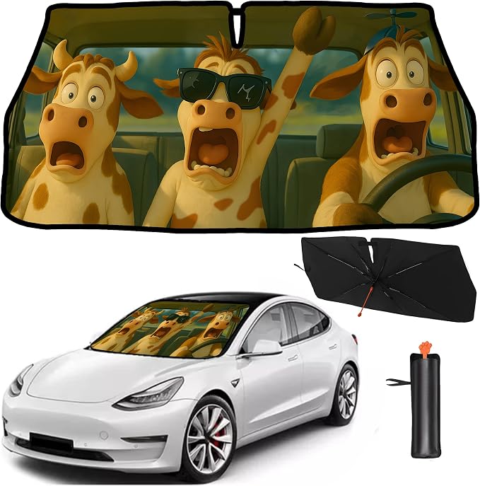 2025 Upgrade Funny Animals Car Windshield Sun Shade Umbrella 5 Layers Nano Coatings Cow Driving Car Front Window UV Block Sunshade Cover for Most Cars SUV Universal Size 57"x30" by Hello+Gorgeous