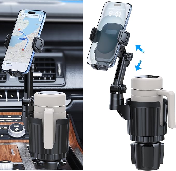 Cup Holder Phone Mount, 2 in 1 Universal Cup Holder Expander with Long Arm 360°Rotation Cup Phone Holder for Car Fits All 4-7” iPhone Galaxy Smartphones and Most Truck Bottles by Peastrex