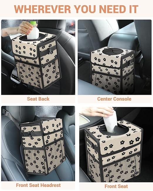 Capolo Car Trash Can with Lid, Leakproof Car Garbage Can Car Trash Bag | Waterproof, Trash Can for Car, 3 Mesh Pockets, Mini Hanging Vehicle Car Trash Bin, for Back/Front Seat (Black Flower,2.5 Gal) - Image 6