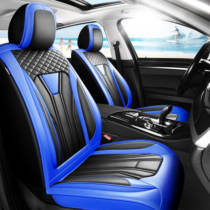 Fit Tacoma Premium Leather Car Seat Covers for Toyota Tacoma 2016-2022 2023 - Waterproof，Breathable，All-Weather Seat Cushion Protecto & Airbag Compatible, Full Set Blue&Black by Unknown