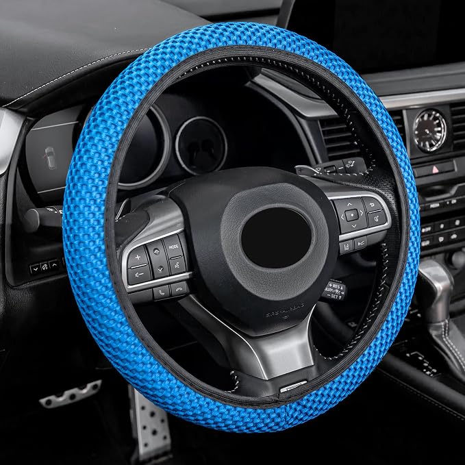 Alpmosn Elastic Stretch Steering Wheel Cover, Universal Interior Accessories Steering Wheel Cover for Women & Men, Breathable Microfiber Ice Silk, Anti-Slip, Odorless, Easy Carry(Blue) by alpmosn
