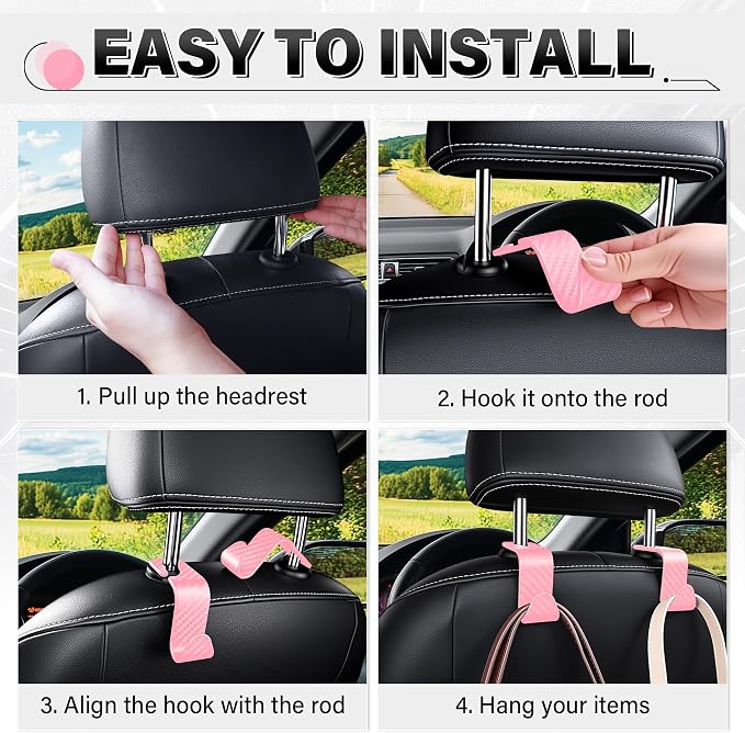 SINGARO Universal 2 Pack Car Seat Headrest Purse Hook, Carbon Fiber Back Seat Hook Storage Organizer Hanger for Purse Handbag Coat, Car Interior Accessories(Pink) - Image 5