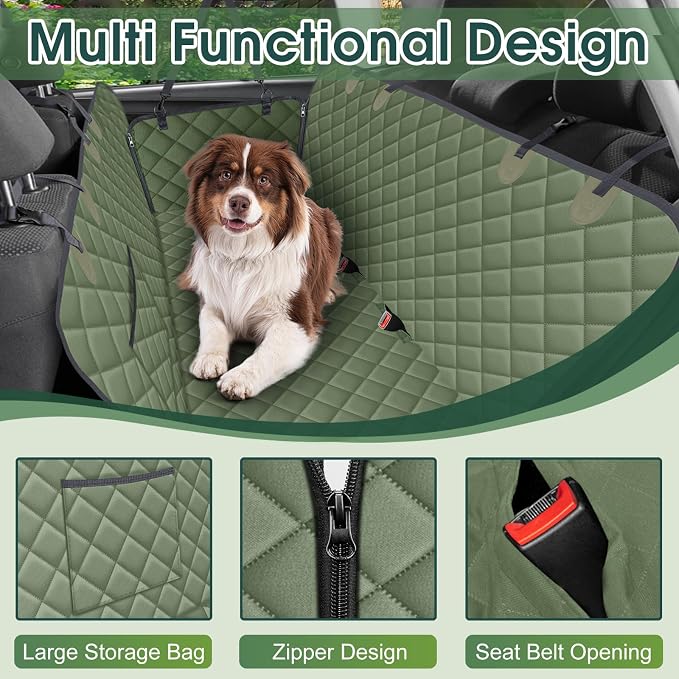 NECKORY Waterproof Dog Car Seat Cover for Back Seat - Durable, Scratch Proof Pet Hammock with Nonslip Design & Storage Pockets, Fits Cars, SUVs, Trucks- S, Green - Image 3