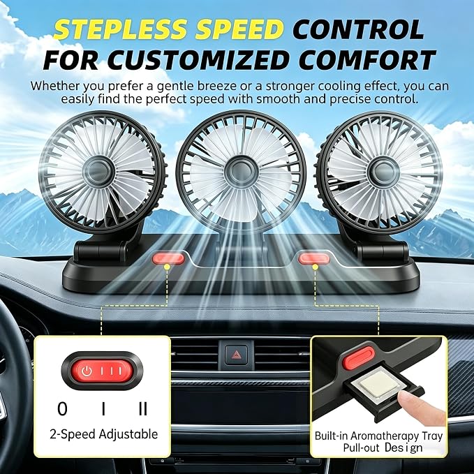 USB 3-Head Car Cooling Fan, 360° Rotation Dashboard Fan with 2 Speeds, Portable Air Cooler for SUV RV Truck Sedan Office Desk, 5V USB Powered for Power Bank Laptop - Image 5