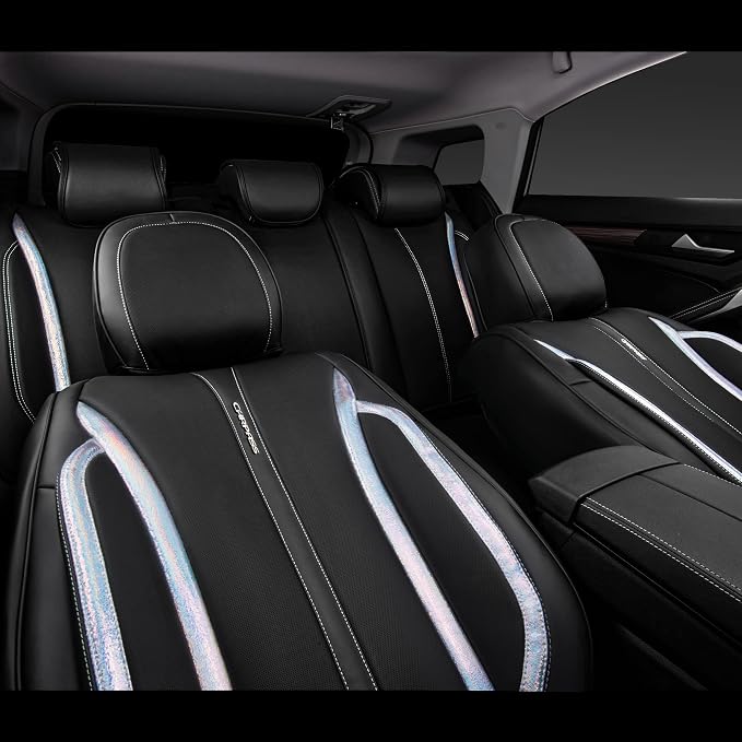 CAR PASS Nappa Leather Holographic Laser Car Seat Covers Front Seats Only Cushioned, Waterproof Waist Protector Universal fit for SUV Truck Pickup Luxury Stylish Elegant for Women Black Silver Strips - Image 4