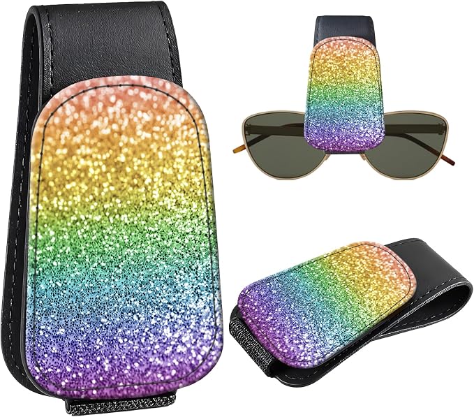 Leather Magnetic Sunglass Holder for Car Sun Visor, Cute Eyeglass Ticket Card Hanger Clip, Universal Auto Interior Accessories for SUV Pickup Truck, Rainbow Glitter by Unknown