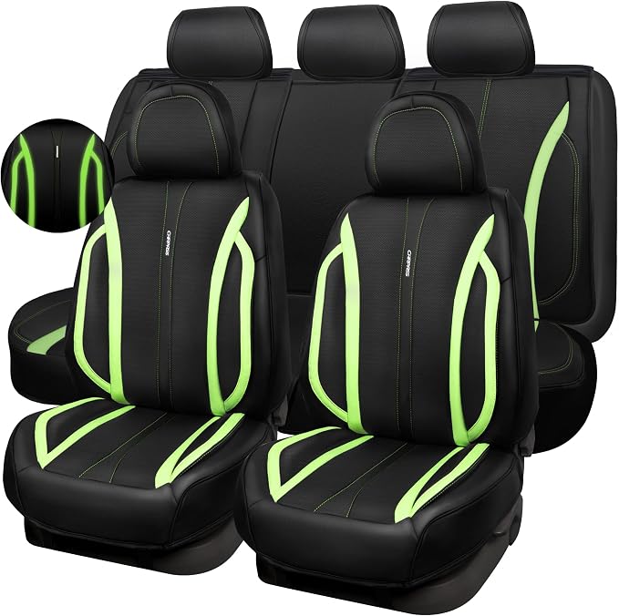 CAR PASS Fluorescent Green & Nappa Leather Seat Covers Full Set, with Backrest Cushion Protector Waist Protection Universal Fit for SUV Pick-up Truck, Automotive Vehicle Interior (Black Green) - Image 2
