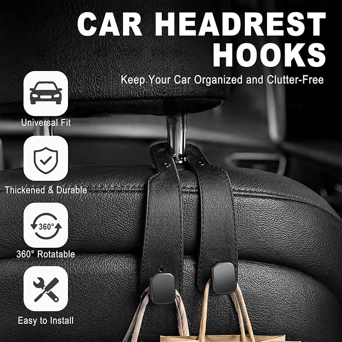 Headrest Hooks for Car 2 Pack, Upgraded Double Metal Hooks with Leather Cover, Car Seat Back Storage Organizer with Anti-Drop Design, for Purses, Handbags, Coats, Groceries (style1) - Image 3