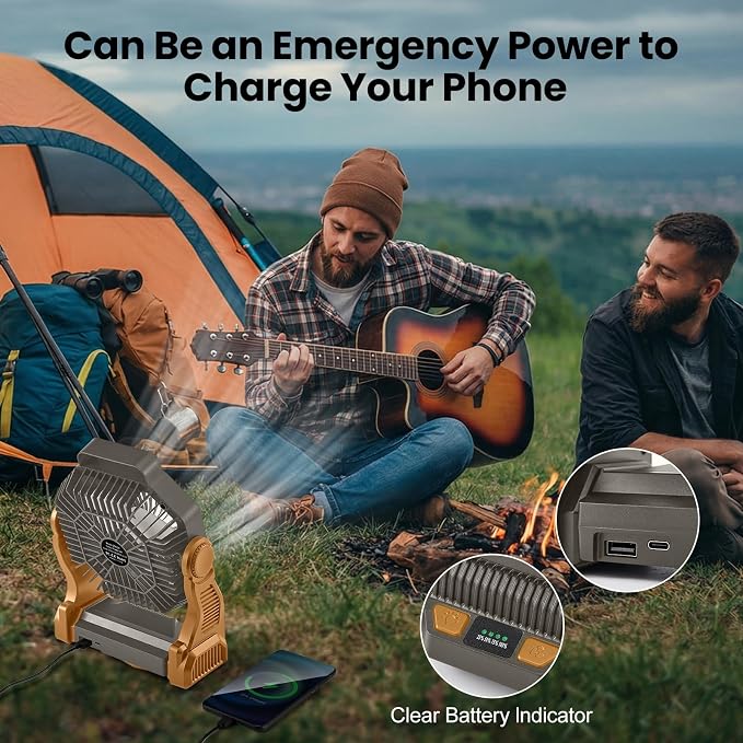 Odoland Portable Rechargeable Fan, 20000mAh Camping Fan with LED Lantern | 4-Speed Airflow & 3-Color Light Oscillating Fan with Hanging Hook for Tent Car Beach Hurricane Power Outage, Brown - Image 5
