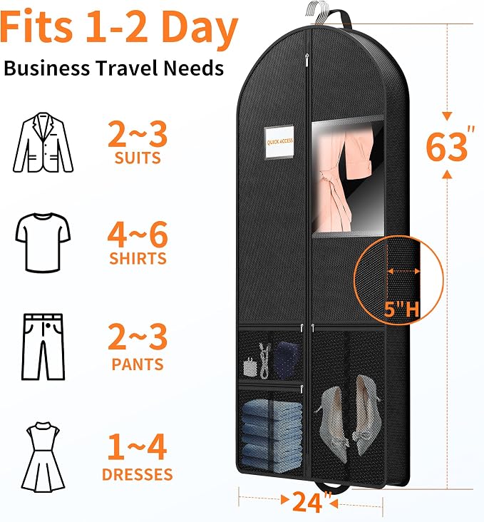 Garment Bag Travel Suit Storage: 63 Inch 2 Packs Fabric Breathable Zippered - Clothes Covers Carry Shoe Pockets Lightweight - Women Travel Wardrobe Protector Hanging Up Multiple - Image 3