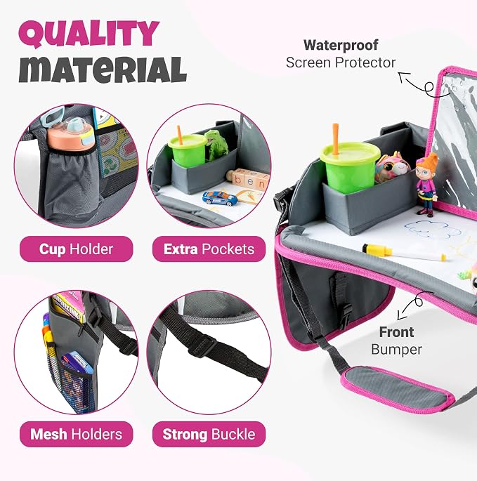 Kids Travel Tray with Dry Erase Board - Car Seat Tray for Kids Travel, Carseat Table Top for Toddler, Lap Desk for Car Seat, Activity Organizer & Snack Holder, Road Trip Essentials for Kid (Pink) - Image 3