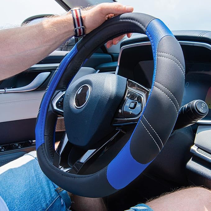 CAR PASS Line Rider Microfiber 14 Inch Leather Sporty Steering Wheel Cover Universal Fits for Truck,SUV,Cars, Anti-Slip Safety Comfortable Desgin (Black-Blue) - Image 2