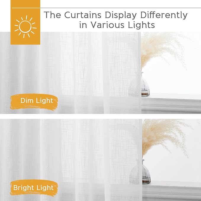 RYB HOME White Semi Sheer Curtains 63 inches Long for Bedroom | Linen Textured Blend, Privacy, Light Airy Sheers, Light Filtering for Bathroom Living Room Cafe, White, W70 x L63, 2 Panels - Image 5