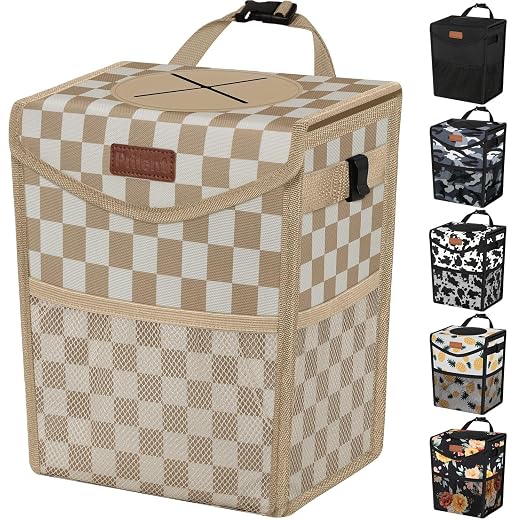 Pritent Car Trash Can with Lid Leakproof Car Garbage Bag Vehicle Trash Bin | Hanging Automotive Garbage Can,Multipurpose Car Accessories for Women Interior Car Storage Organizer(2 Gal,Khaki Checkered) by Pritent