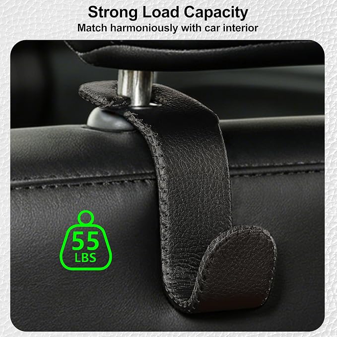 Car Seat Headrest Hook Heavy Duty 55lb Metal Hanger with Leather for Bags | Universal Vehicle Seat Back Organizer, Ergonomic Design, Hang Groceries Handbag Backpack Water Bottle, 2 Pack Black - Image 5