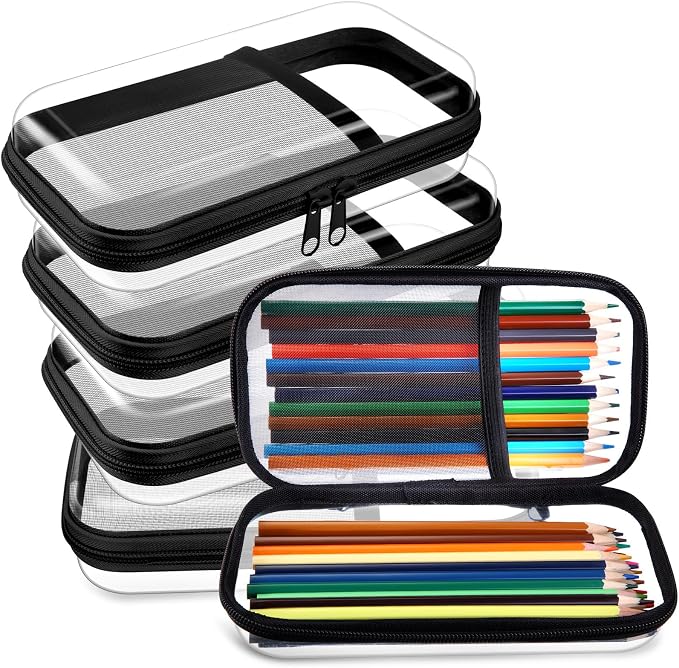 Sanwuta 4 Pcs Clear Hard Shell Zipper Case Plastic Case, Black | Plastic Portable Travel Organizer Bin with Mesh, Pocket Toiletry Pouch, Cosmetics Makeup Bag, Snack Toiletry Bag by Sanwuta