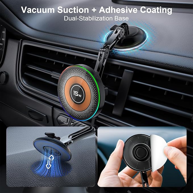 ZBF Magnetic Phone Holder for Car,15W Wireless Fast Charging for MagSafe Car Mount Vacuum Suction Cup Dashboard Windshield Phone Mount for Car 360°Adjustable Magnetic Mount for Women Men iPhone 17/16 - Image 2