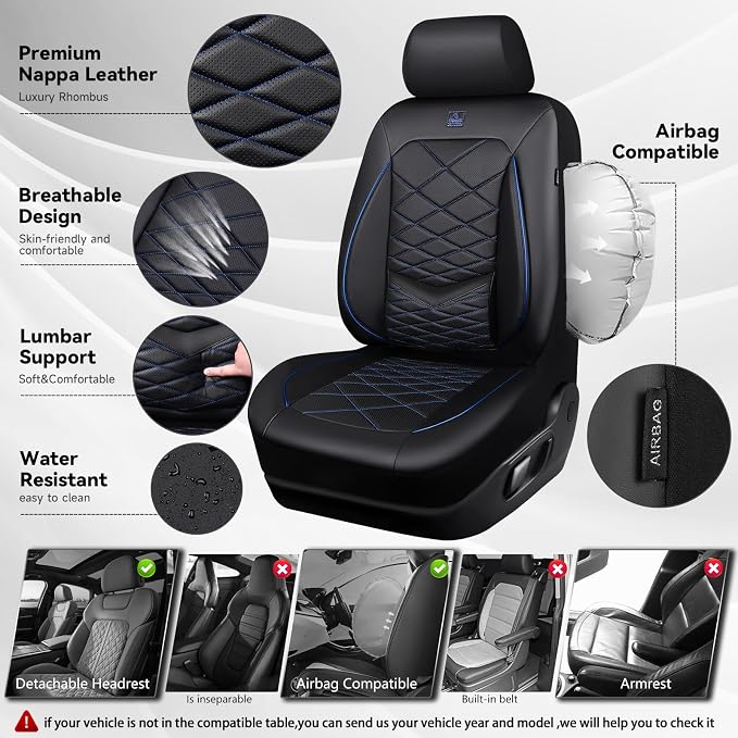 CAR PASS Luxury Nappa Leather Seat Covers Full Set, Water Resistant Faux Leather Seat Cover with Lumbar Support, Breathable Automotive Seat Covers Universal Fit for Sedan SUV Van Truck, Black Blue - Image 8