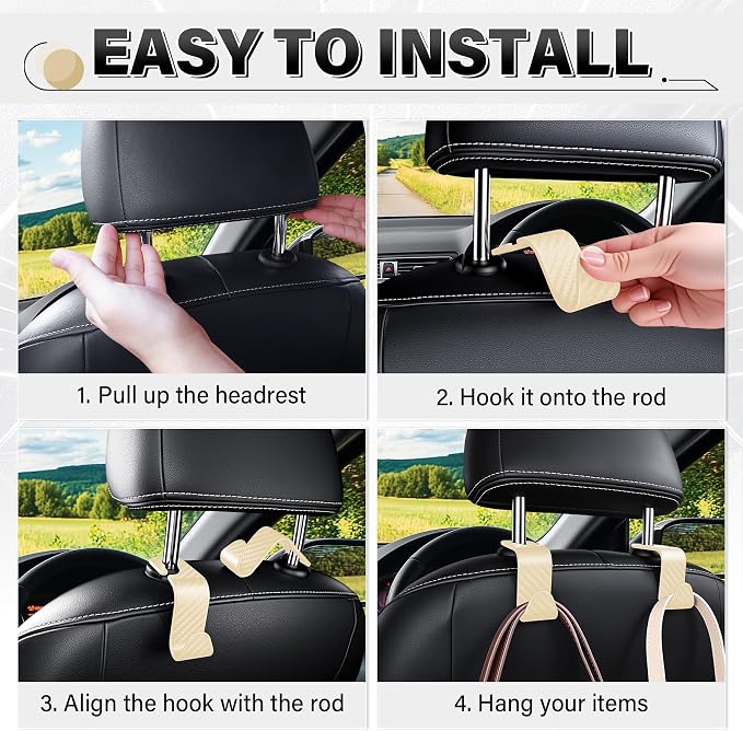 SINGARO Universal 2 Pack Car Seat Headrest Purse Hook, Carbon Fiber Back Seat Hook Storage Organizer Hanger for Purse Handbag Coat, Car Interior Accessories(Beige) - Image 5