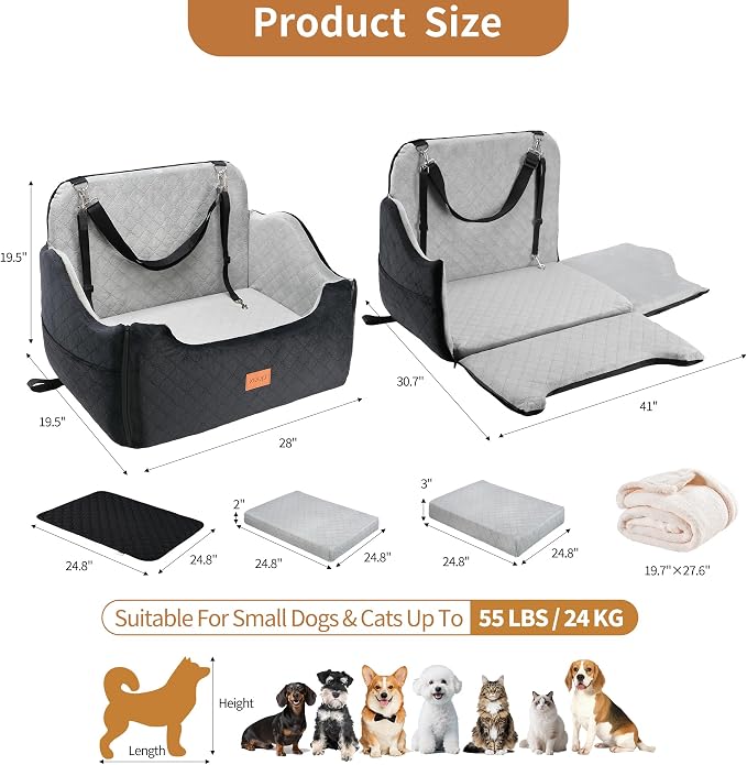 XEEP Dog Car Seat for Medium & Large Dogs Up to 55 lbs, Memory Foam | 2-in-1 Design, Includes Blanket & Urine Pad, 2 Height-Adjust Cushions, Two Safety Tethers, Machine Washable Cover(Black/Grey) - Image 2