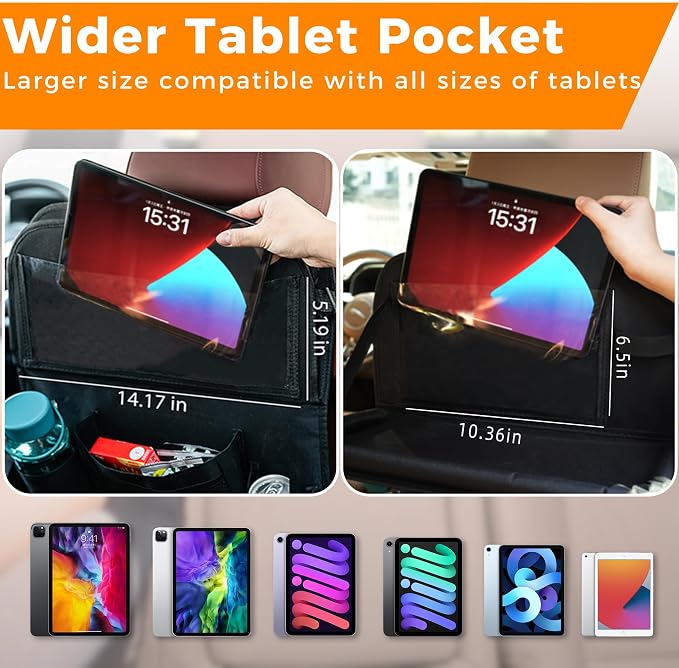 Backseat Car Organizer with Tray, 9 Storage Pockets Back Seat Protector with Foldable Tablet Holder, Waterproof Back of Seat Kick Mats for Kids Adult, Travel Accessories 2 Pack, Gray - Image 7