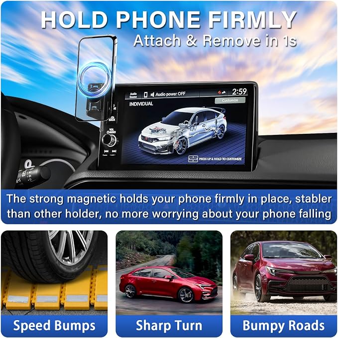 Car Phone Holder for Honda Civic 11th Gen 2022-2025 2026 7/9-Inch Screen | Strong Magnetic Cell Phone Mount for Magsafe iPhone & Sunglasses Box, 360° Hands-Free No Air Vent Blockage Stable Stand - Image 8